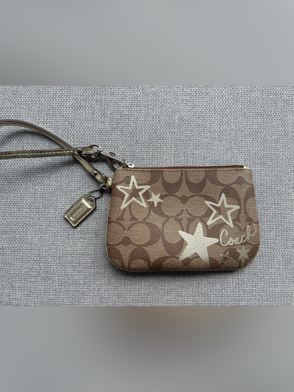 Coach Brown Signature Star Wristlet with Metallic Accents